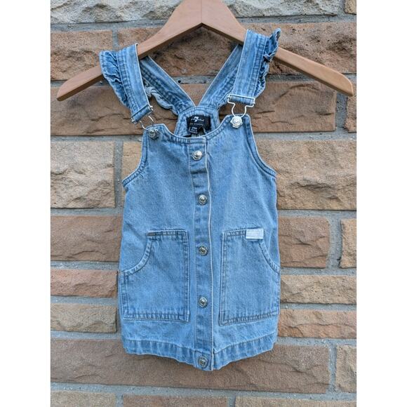 7 For All Mankind Baby Girls Denim Jean Overall Dress Size 24m Ruffles Dungarees - Picture 2 of 9